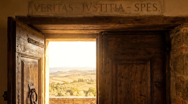 Open wooden door revealing a sunlit Tuscan landscape with Latin inscription.