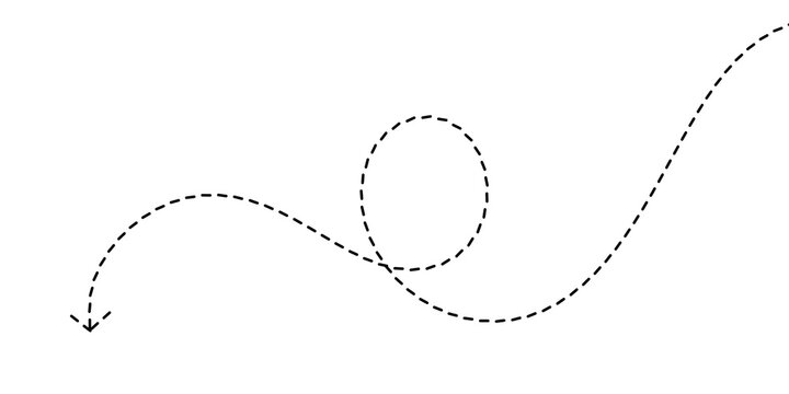 Abstract dotted line tracing a fluid, winding path with a circular loop and arrow indicating direction of movement on a clean background, illustrating a journey or process