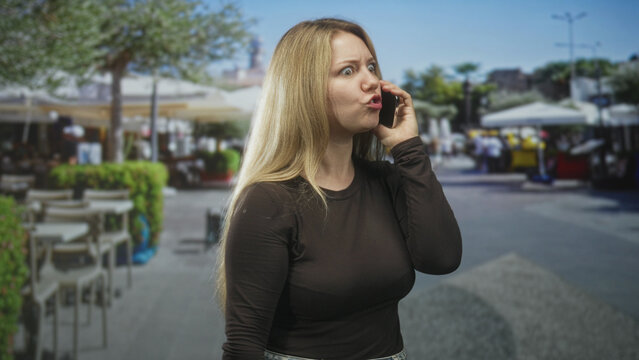 Woman blonde russian caucasian talking on phone, pointing finger and clenching fist with scowl in a busy street cafe by outdoor tables and umbrellas; anger conflict.