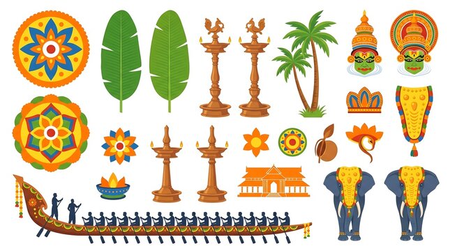 Onam festival cultural elements and traditional symbols collection.