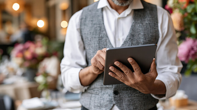 Professional waiter using a tablet to manage customer orders in a restaurant, showcasing modern hospitality service, efficient order processing, digital technology and guest satisfaction