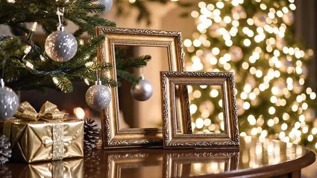 Empty gold picture frames and gift box beside a decorated Christmas tree with glowing bokeh lights
