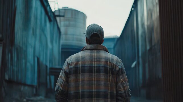 A man in a plaid jacket walking toward grain elevator