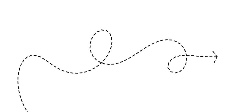 Dotted line path with loop, ending in an arrow, symbolizing a complex journey, an evolving process, or finding clear direction despite initial twists