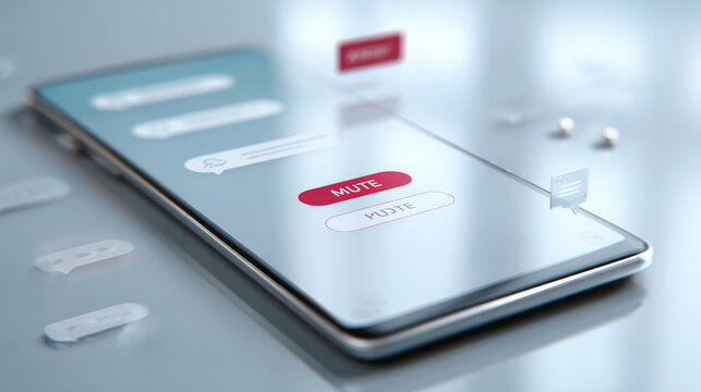 Close-up of smartphone screen showing mute button with floating chat bubbles in a modern communication interface