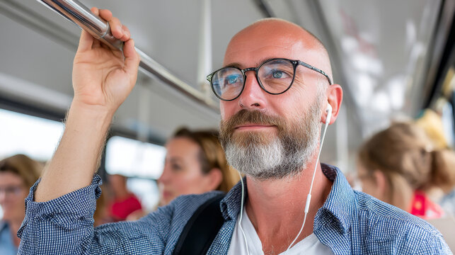 Bearded bald man with eyeglasses and earphones commuting on a public bus holding overhead rail