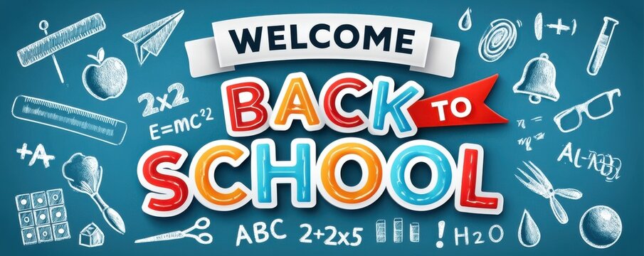 Welcome back to school banner with colorful lettering and chalk doodles on blue background