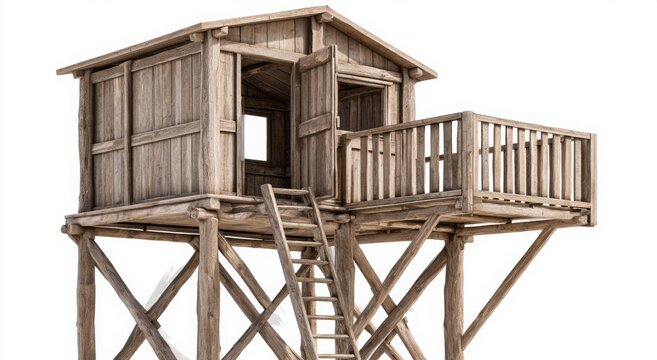 Rustic wooden treehouse with elevated platform and railing isolated on white background
