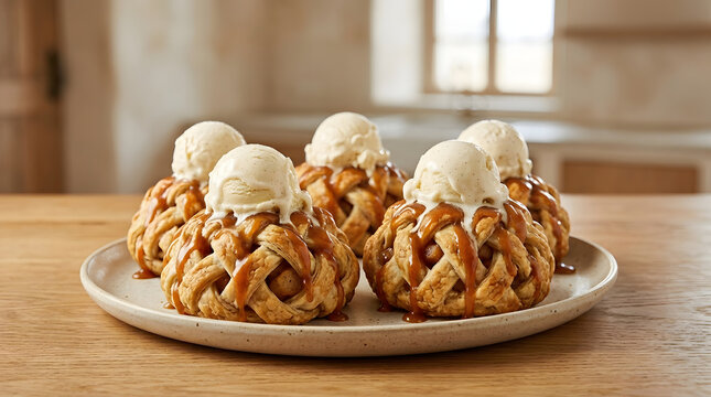 Apple Dumplings with Vanilla Ice Cream and Caramel Sauce on Rustic Plate