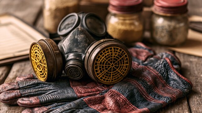 Topdown medium shot highlighting crisp respirator details and textured gloves in foreground gently fading grain jars and checklist emphasize fumigation safety essentials.