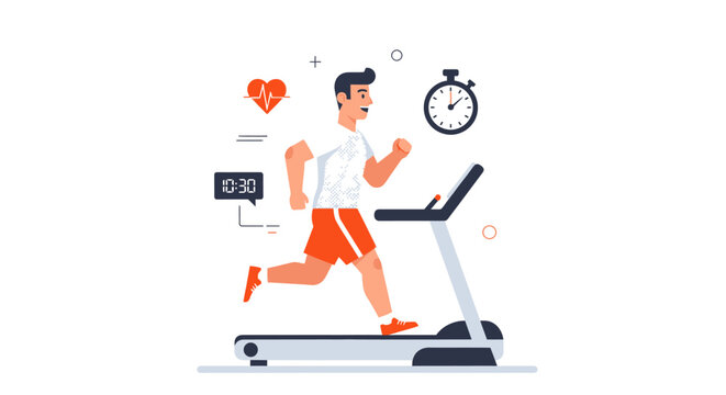 An illustration of a man running on a treadmill with health and fitness icons like a heart rate monitor, stopwatch, and digital timer, representing a cardio workout.