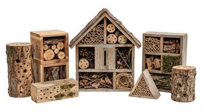 Handmade wooden bee hotels and insect habitats for garden pollinators isolated on transparent background