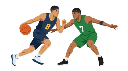 Obraz premium Basketball players, dribbling, defense, action, sport illustration, white background