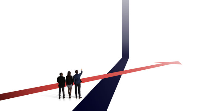 Business team crossing arrows in strategic direction scene. Concept of business strategy meeting, project roadmap, choosing market direction, team alignment, growth planning, management consulting.