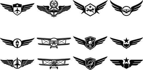Aviation wings and military pilot crest icon set featuring jet airplane biplane helicopter space orbit and star shields © Shahanaj