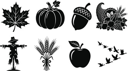 Autumn and Thanksgiving silhouette set featuring maple leaf, pumpkin, acorn, cornucopia, scarecrow, wheat sheaf, apple, and migrating birds flock © Shahanaj