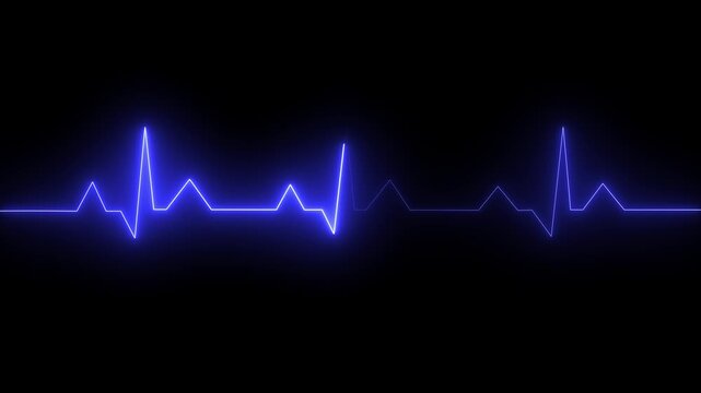 Bright blue neon heart beat monitor line showing a pulse wave on a dark background representing health and medicine