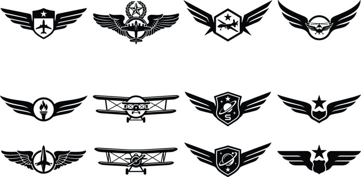 Aviation wings and military pilot crest icon set featuring jet airplane biplane helicopter space orbit and star shields