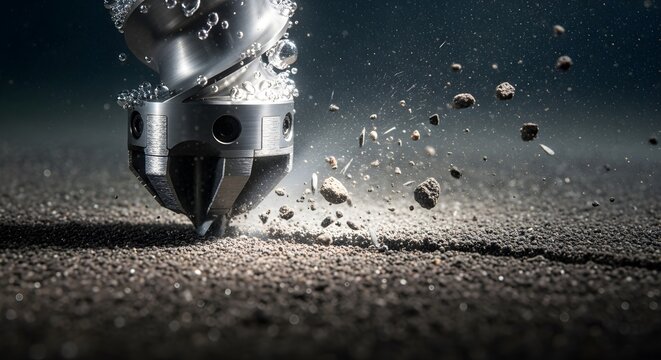 Heavy industrial drill bit boring into dark soil with flying particles and air bubbles in cinematic macro shot