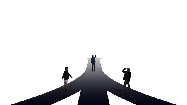 Business team choosing unified arrow path for strategic direction. Concept of strategic planning, leadership alignment, team decision, business growth, corporate roadmap.