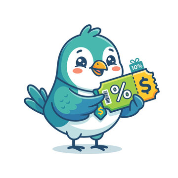 Cute Bird Character Holding a Discount Coupon with Percentage and Dollar Sign