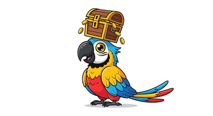 Fototapeta premium Cartoon Macaw Parrot Balancing Treasure Chest with Gold Coins on Head