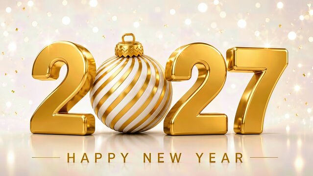 Happy New Year 2027 Golden 3D Illustration with Luxury Fireworks Background