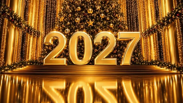 Happy New Year 2027 Golden 3D Illustration with Luxury Fireworks Background
