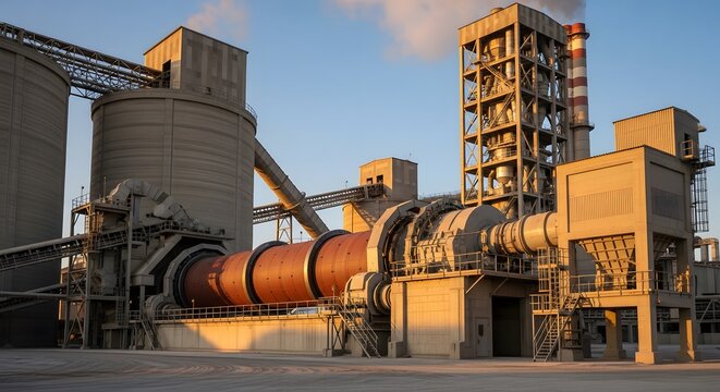 Industrial cement manufacturing plant with large rotary kiln and silos at sunset.
