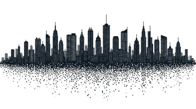 Digital city skyline silhouette with pixelated dissolving effect.