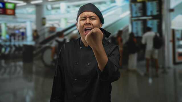 Man chef with clenched fist and grimace in busy airport terminal near checkin kiosks; kitchen frustration.