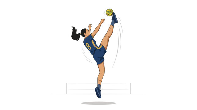 Female soccer player kicking ball high with acrobatic bicycle kick and leg split