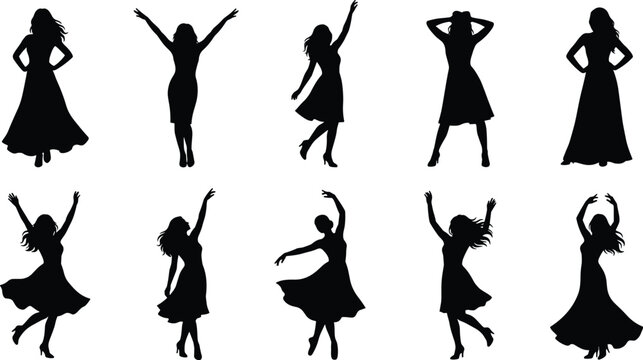 Elegant women silhouette collection featuring dancing poses flowing dresses and graceful feminine figures isolated vector illustration set