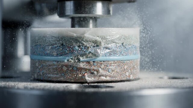 Detailed medium shot of duallayer toilet tablet being sealed and coated highlighting the intricate compression process for longlasting freshness.