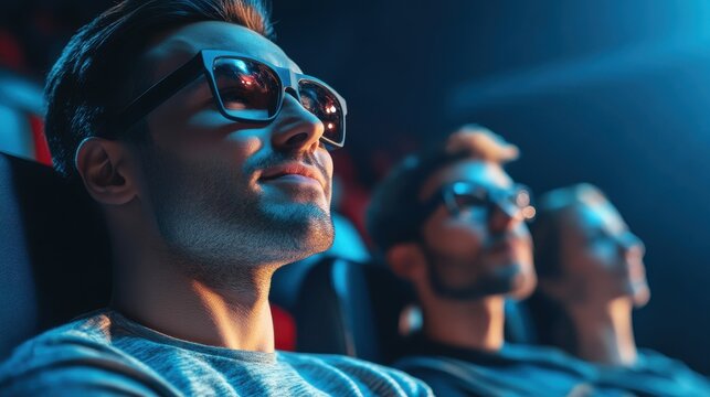 Man Wearing 3D Glasses Watching a Movie in Cinema