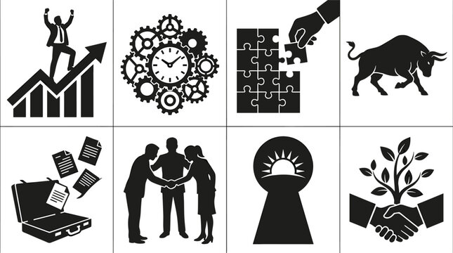 Business silhouettes with growth, time management, problem solving, teamwork, opportunity, sustainability, finance, success icons