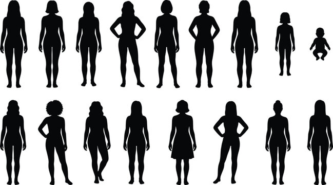 Female body silhouette collection featuring women girls and child figures in standing poses isolated for design projects