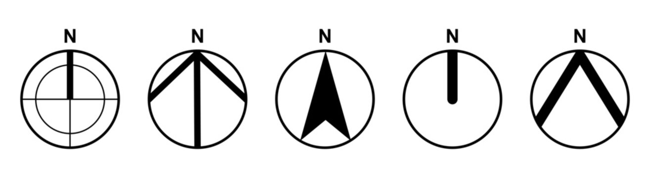 set of north sign symbols continuous line illustration, continuous line art style for modern map and architectural plan orientation.