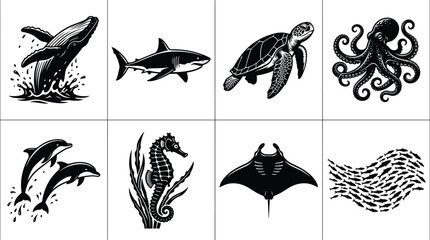 Marine silhouettes with whale, shark, turtle, octopus, dolphins, seahorse, manta ray, fish icons © Creative Crave