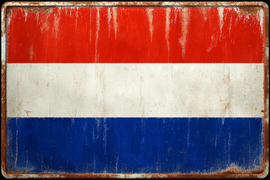 Vintage distressed metal sign of the netherlands flag with rust streaks, chipped paint and aged weathered texture.
