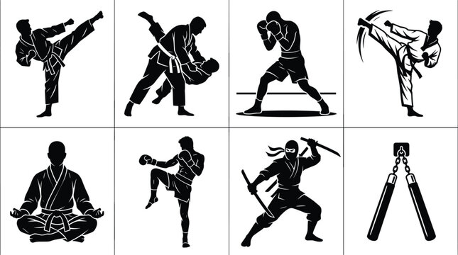Martial arts silhouettes with karate, judo, boxing, kickboxing, ninja, meditation, nunchaku, combat stance icons