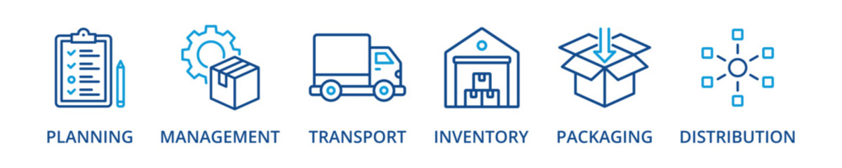 Logistics outline color banner icon with planning, management, transport, inventory, packaging, distribution © ragilicon