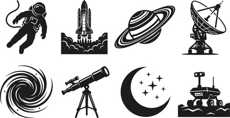 Space silhouettes with astronaut, rocket, Saturn planet, telescope, galaxy, moon, rover, radio dish icons © Creative Crave