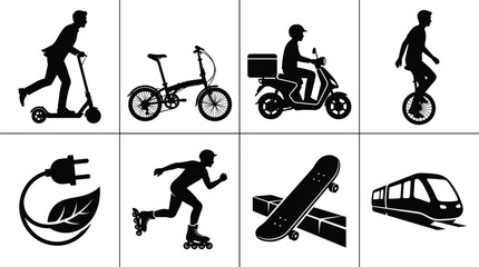 Urban transport silhouettes with scooter, bicycle, delivery scooter, unicycle, plug, rollerblades, skateboard, train icons © Creative Crave