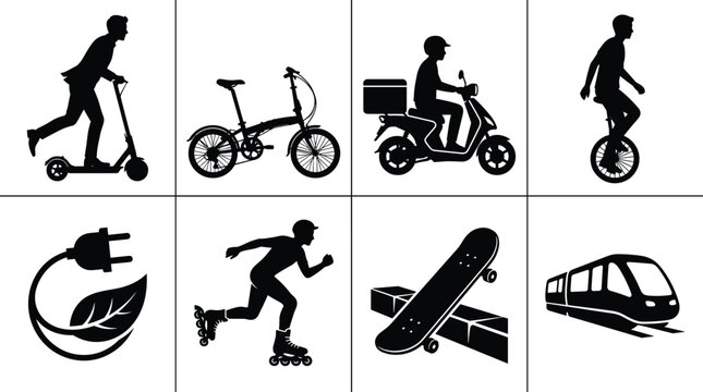 Urban transport silhouettes with scooter, bicycle, delivery scooter, unicycle, plug, rollerblades, skateboard, train icons