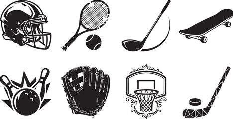 Set of black sport equipment silhouettes including helmet tennis racket golf club skateboard bowling glove and hockey stick © MdNajmul