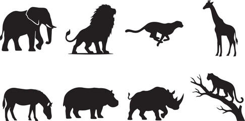 Set of black wildlife animal silhouettes featuring wild safari animals like elephant lion cheetah giraffe rhino and hippo © MdNajmul