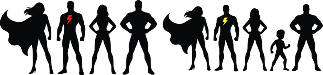 Superhero silhouette collection featuring male female and child hero characters with capes isolated vector illustration set © Md