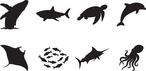 Set of black sea life and marine animal silhouettes including whale shark turtle dolphin ray and octopus © MdNajmul