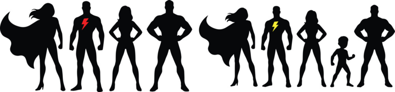 Superhero silhouette collection featuring male female and child hero characters with capes isolated vector illustration set
